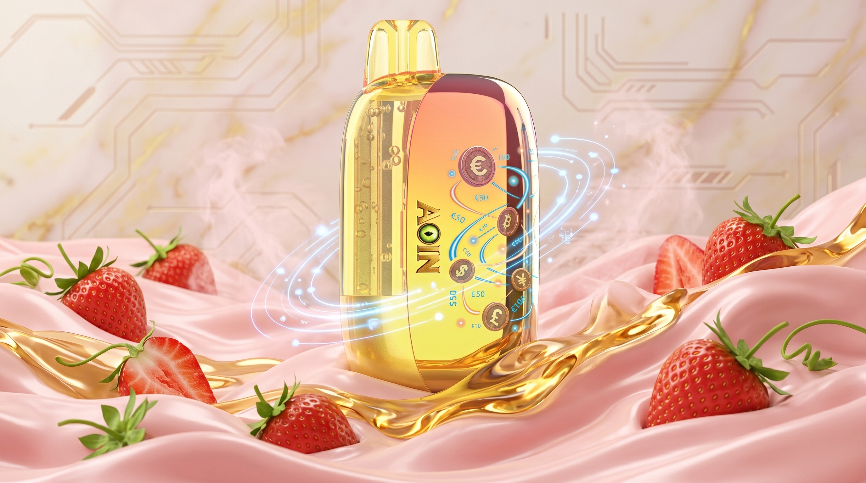 AOIN creamy strawberry product scene with gold and cream background